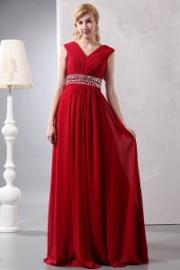 Beading Prom/Maxi Dress Wine Red V-neck Empire Ruched