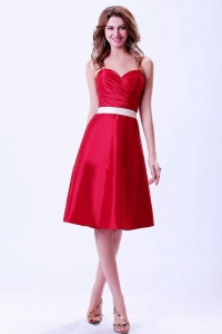 Wine Red Bridemaid Dress With White Belt Knee-length