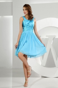 Baby Blue Prom Dress Knee-length A-Line Straps Chiffon Ruched