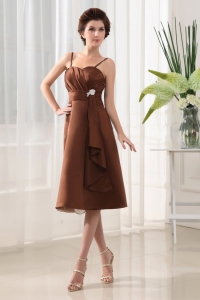 Spaghatti Straps Brown Chiffon Bridesmaid dress Tea-length Brooch