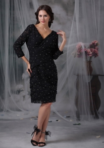 Black Mother of the Bride Dress V-neck 3/4 Sleeves Special Fabric