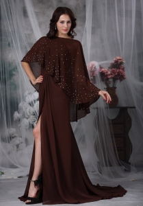 Brown MOther Of The Bride Dress Brush Train Chiffon Ruch