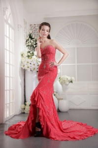 Coral Red Court Train Prom Pageant Dress Appliques Sweetheart