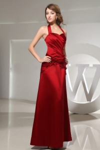 Halter Wine Red Prom Dress Ankle-length Satin Column Ruched