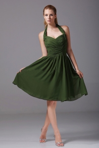 Halter Ruched Chiffon Knee-length Olive Green Bridesmaid Dress