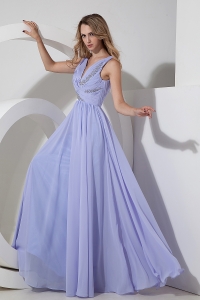 Lilac Prom/Maxi Dress Empire V-neck Chiffon Beading Ruched