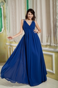 Royal Blue V-neck Prom/Maxi Dress Chiffon Beaded Ruched