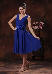 Ruched V-neck Bridesmaid dress Roral Blue With Handle Flowers