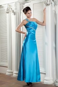 Teal One Shoulder Ankle-length Satin Beading Ruch Pageant Dress