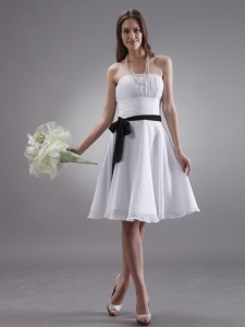 White Prom Dress With Black Sash Knee-length Chiffon