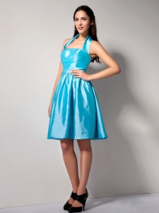 Aqua Blue Halter Top Knee-length Taffeta Bridesmaid Dress