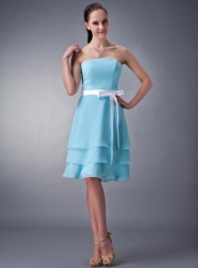 Aqua Strapless Knee-length Chiffon Sash Bridesmaid dresses