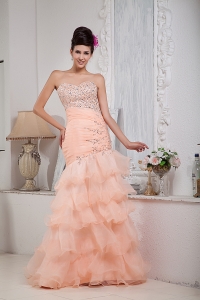 Mermaid Sweetheart Peach Prom Pageant Dress Ruffled Beading