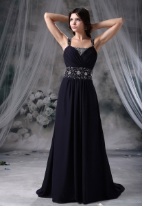 Navy Blue Straps Beaded Decorate Wasit Pageant Evening Dress