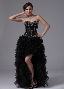 High-low Beaded Bodice and Ruffles Black Pageant Evening Dress