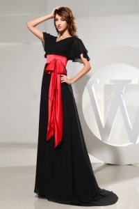 Black Dress for Prom With Red Sash Short Sleeves and Brush Train