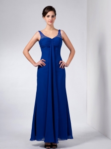 Blue Spaghetti Straps Ankle-length Beading Mother in Law Dress