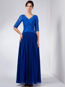 Blue Chiffon and Lace Mother Of The Bride Dress V-neck Beading
