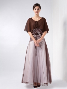 Brown and White V-neck Ankle-length Chiffon and Tulle Mom Dress