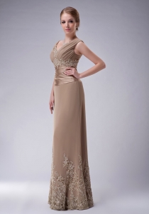 Champagne V-neck Floor-length Chiffon Appliques Mother Of The Bride Dress