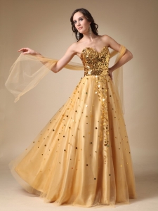 Gold A-line Sweetheart Sequins Pageant Celebrity Dress