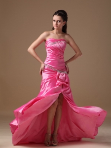 Strapless Rose Pink Pageant Evening Dress Beading Brush Train