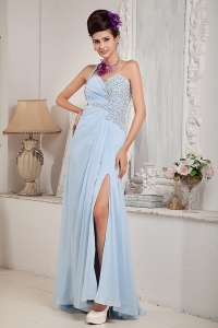 Light Blue One Shoulder Prom Pageant Dress High Slit Beading