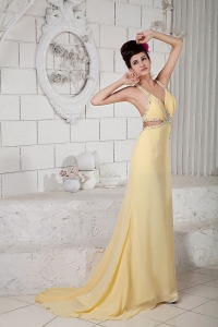 Sexy Light Yellow Straps Chiffon Beading Pageant Evening Dress