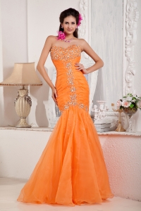 Sweetheart Orange Mermaid Prom Pageant Dress Beading
