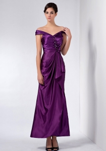 Purple Off The Shoulder Ankle-length Beading Mother Dress