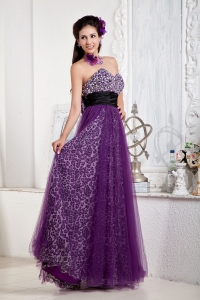Leopard Prom Pageant Dress Purple Tulle Black Waistband Bow