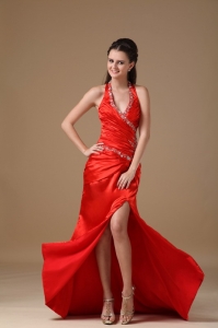 Red Halter Brush Train Taffeta Beading Pageant Celebrity Dress
