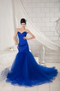 Mermaid Royal Blue Prom Pageant Dress with Chapel Train