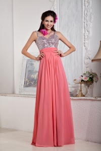 Watermelon Prom Pageant Dress Silver Sequin Straps Floor-length