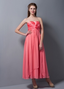 Hand Made Flower Bridesmaid Dress Watermelon Red Ankle-length