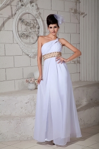 One Shoulder White Chiffon Ruch Pageant Evening Dress