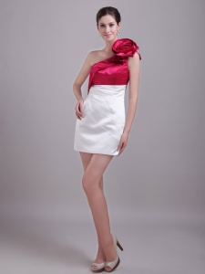 White and Wine Red One Shoulder Hand Flower Nightclub/Cocktail Dress