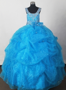 Aqua Blue Little Girl Pageant Dress With Pick-ups and Beading