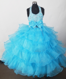 Aqua Blue Little Girl Pageant Dresses Beaded Ruffled Layers