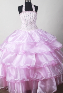 Halter Baby Pink Beaded Pageant Dress for Little Girl Birthday