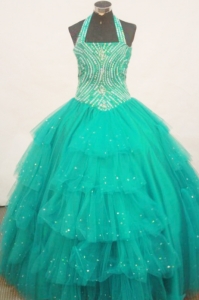 Beaded Turquoise Little Girl Pageant Dress Halter Ruffles