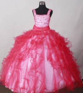 Ruffled Red Ball Gown for Little Girls Pageant with Beading