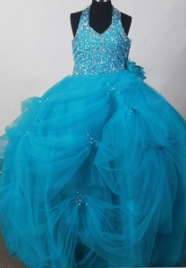 Exquisite Tulle Little Girl Pageant Dress Beadeding Teal Blue