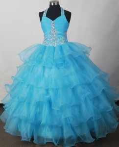 Aqua Blue Ruffled Layers Beading Little Girls Pageant Dress