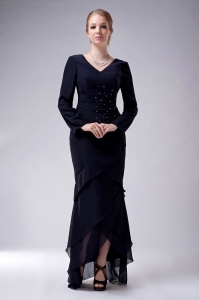 High-low Chiffon Beading Mother Of The Bride Dress Navy Blue