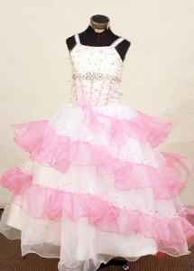 Beaded Little Girl Pageant Dress Pink and White Ruffled Layers