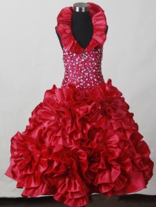 2013 Red Little Girl Pageant Dress Hand Made Flowers Beading