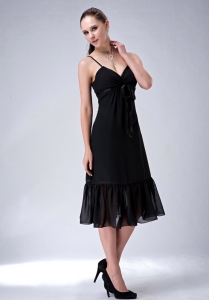 Black Tea-length Bridesmaid Dress with Spaghetti Straps