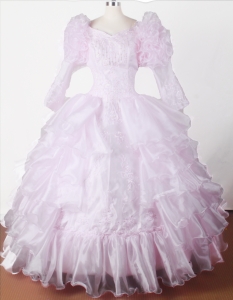 Embroidery Little Girl Pageant Dress with Long Sleeves