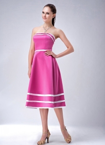 Short Strapless Bridesmaid dresses Hot Pink and White